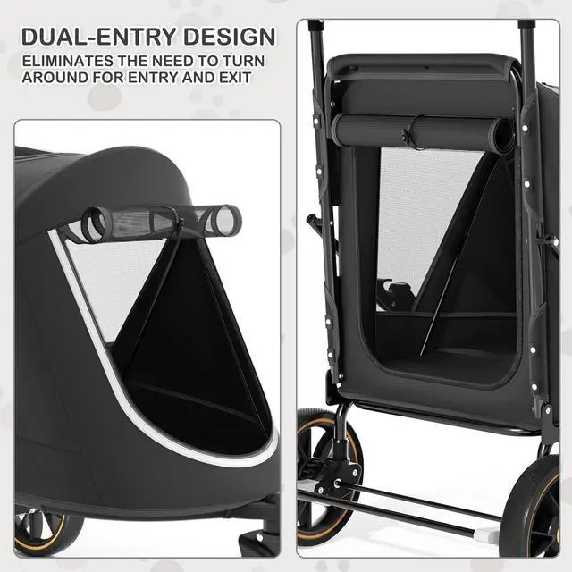 Alt view image 3 of 7 - Pet Stroller for Large Dogs or Multiple Dogs Cats with Adjustable Handle, 3-Wheels Dual Entry Portable Dog Carting Easy Folding Pet Wagon Double Dog Stroller up to 55 lbs, Black