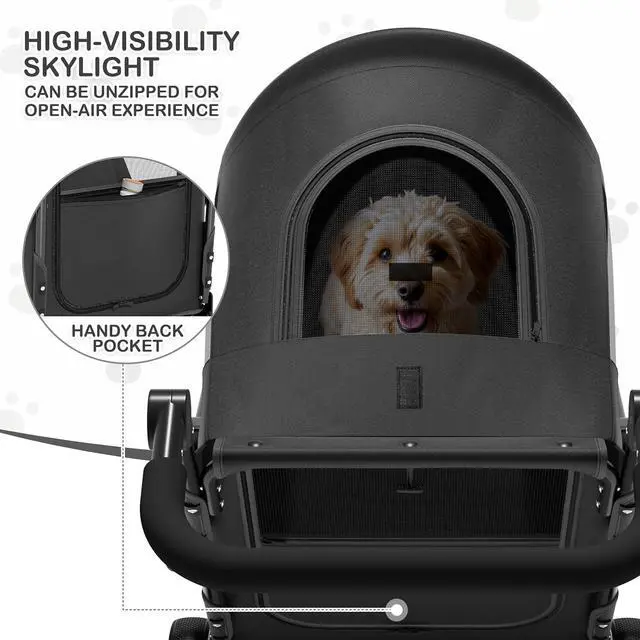 Alt view image 4 of 7 - Pet Stroller for Large Dogs or Multiple Dogs Cats with Adjustable Handle, 3-Wheels Dual Entry Portable Dog Carting Easy Folding Pet Wagon Double Dog Stroller up to 55 lbs, Black
