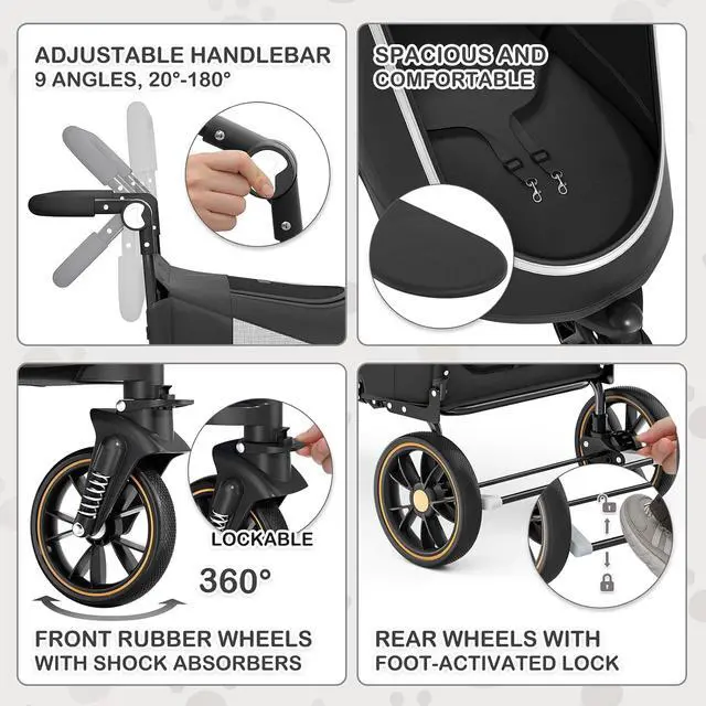 Alt view image 5 of 7 - Pet Stroller for Large Dogs or Multiple Dogs Cats with Adjustable Handle, 3-Wheels Dual Entry Portable Dog Carting Easy Folding Pet Wagon Double Dog Stroller up to 55 lbs, Black