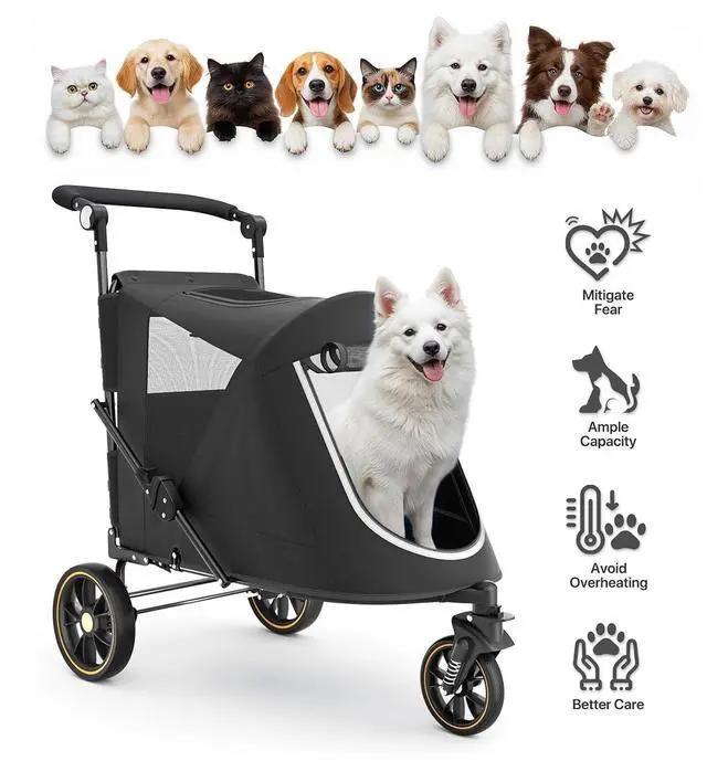Alt view image 6 of 7 - Pet Stroller for Large Dogs or Multiple Dogs Cats with Adjustable Handle, 3-Wheels Dual Entry Portable Dog Carting Easy Folding Pet Wagon Double Dog Stroller up to 55 lbs, Black