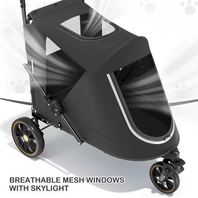 Alt view image 7 of 7 - Pet Stroller for Large Dogs or Multiple Dogs Cats with Adjustable Handle, 3-Wheels Dual Entry Portable Dog Carting Easy Folding Pet Wagon Double Dog Stroller up to 55 lbs, Black