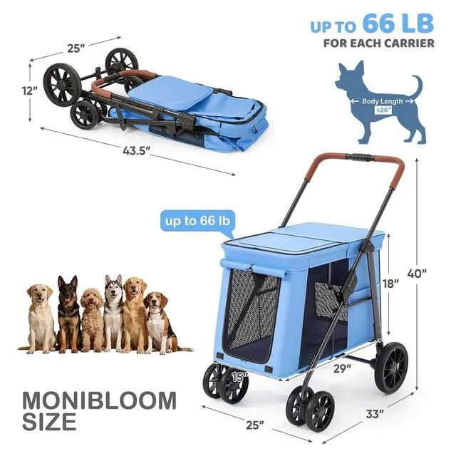 Alt view image 2 of 6 - Pet Stroller for Medium to Large Dogs up to 66lb, One-Button Fold System, Breathable Mesh Top & Sides, Portable Dog Wagon for Outdoor