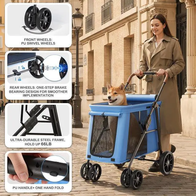 Alt view image 3 of 6 - Pet Stroller for Medium to Large Dogs up to 66lb, One-Button Fold System, Breathable Mesh Top & Sides, Portable Dog Wagon for Outdoor