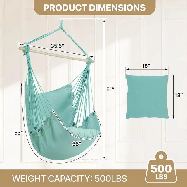 Alt view image 2 of 7 - Hammock Chair Hanging Rope Swing w/2 Cushions, Boho Macrame Hanging Chair Max 350 lbs Capacity w Pocket, Hardware Kit Included, Green