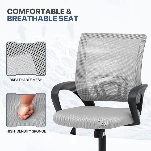 Alt view image 6 of 7 - Mesh Office Chair, Ergonomic Computer Chair for Adults, Rolling Swivel Mid-Back Desk Chair with Lumbar Support, Comfy Armrest for Home Office, Gaming, Light Gray 10 Pack