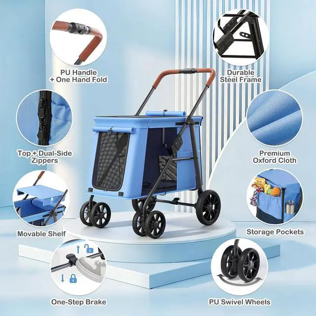 Alt view image 5 of 6 - Pet Stroller for Medium to Large Dogs up to 66lb, One-Button Fold System, Breathable Mesh Top & Sides, Portable Dog Wagon for Outdoor