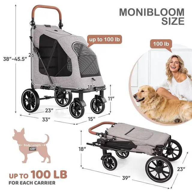 Alt view image 2 of 6 - Large Pet Stroller with Anti-Slip Ramp, Heavy Duty Dog Stroller Up to 99lb, Safe & Gentle Mobility Aid, All-Terrain Wheels, Idea for Injured, Disabled, & Senior Dog
