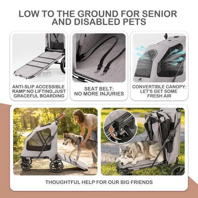 Alt view image 3 of 6 - Large Pet Stroller with Anti-Slip Ramp, Heavy Duty Dog Stroller Up to 99lb, Safe & Gentle Mobility Aid, All-Terrain Wheels, Idea for Injured, Disabled, & Senior Dog