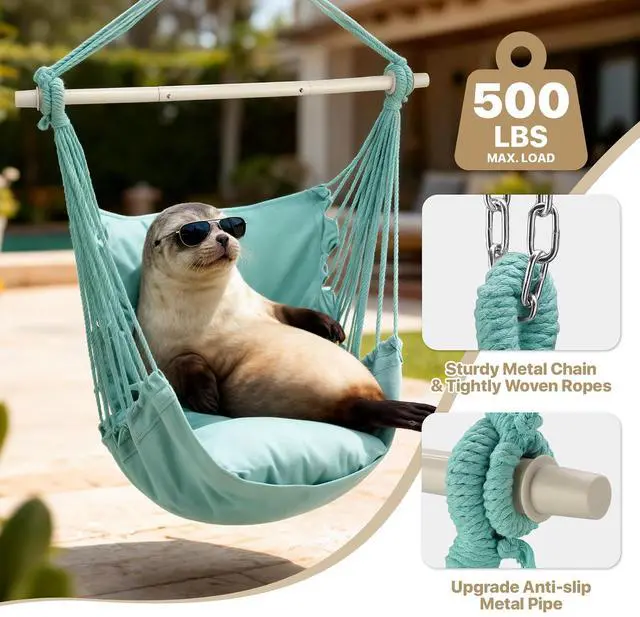 Alt view image 3 of 7 - Hammock Chair Hanging Rope Swing w/2 Cushions, Boho Macrame Hanging Chair Max 350 lbs Capacity w Pocket, Hardware Kit Included, Green