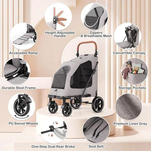 Alt view image 5 of 6 - Large Pet Stroller with Anti-Slip Ramp, Heavy Duty Dog Stroller Up to 99lb, Safe & Gentle Mobility Aid, All-Terrain Wheels, Idea for Injured, Disabled, & Senior Dog