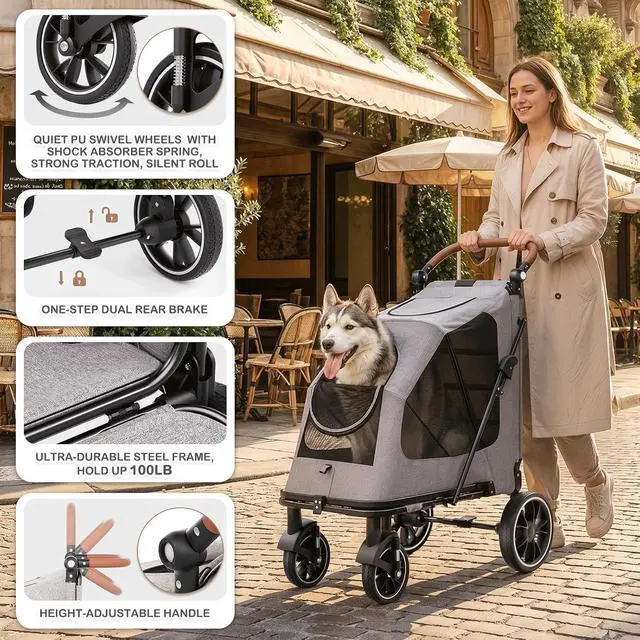 Alt view image 4 of 6 - Large Pet Stroller with Anti-Slip Ramp, Heavy Duty Dog Stroller Up to 99lb, Safe & Gentle Mobility Aid, All-Terrain Wheels, Idea for Injured, Disabled, & Senior Dog