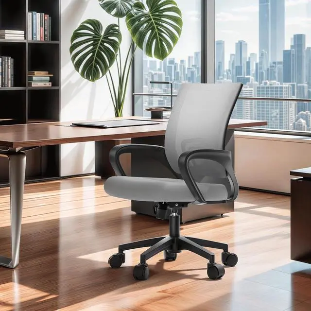 Alt view image 2 of 7 - Mesh Office Chair, Ergonomic Computer Chair for Adults, Rolling Swivel Mid-Back Desk Chair with Lumbar Support, Comfy Armrest for Home Office, Gaming, Light Gray