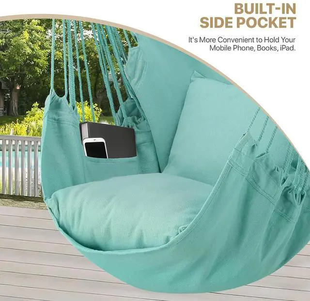 Alt view image 5 of 7 - Hammock Chair Hanging Rope Swing w/2 Cushions, Boho Macrame Hanging Chair Max 350 lbs Capacity w Pocket, Hardware Kit Included, Green