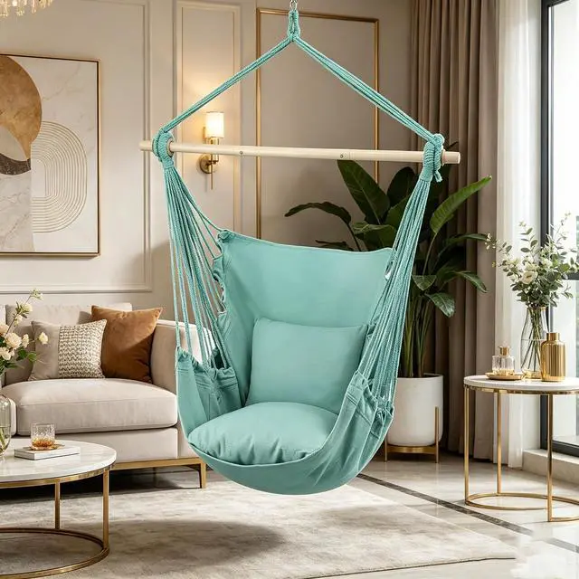 Alt view image 7 of 7 - Hammock Chair Hanging Rope Swing w/2 Cushions, Boho Macrame Hanging Chair Max 350 lbs Capacity w Pocket, Hardware Kit Included, Green