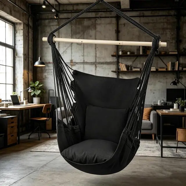 Main image of Hammock Chair Hanging Rope Swing w/2 Cushions, Boho Macrame Hanging Chair Max 350 lbs Capacity w Pocket, Hardware Kit Included, Black