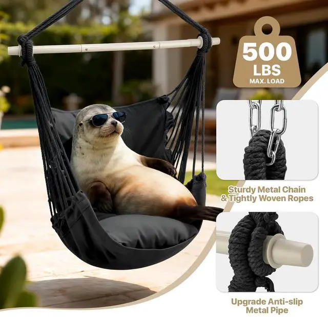Alt view image 4 of 7 - Hammock Chair Hanging Rope Swing w/2 Cushions, Boho Macrame Hanging Chair Max 350 lbs Capacity w Pocket, Hardware Kit Included, Black