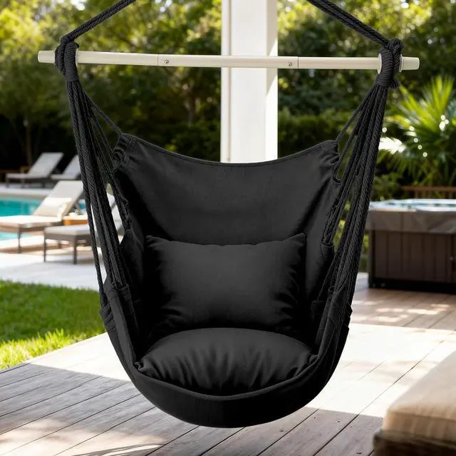 Alt view image 3 of 7 - Hammock Chair Hanging Rope Swing w/2 Cushions, Boho Macrame Hanging Chair Max 350 lbs Capacity w Pocket, Hardware Kit Included, Black