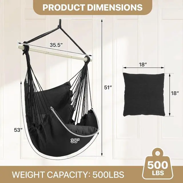 Alt view image 2 of 7 - Hammock Chair Hanging Rope Swing w/2 Cushions, Boho Macrame Hanging Chair Max 350 lbs Capacity w Pocket, Hardware Kit Included, Black
