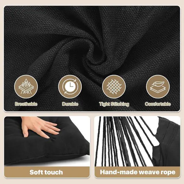 Alt view image 5 of 7 - Hammock Chair Hanging Rope Swing w/2 Cushions, Boho Macrame Hanging Chair Max 350 lbs Capacity w Pocket, Hardware Kit Included, Black