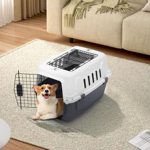 Alt view image 3 of 7 - 22 Inch Hard-Sided Plastic Dog Carrier 2 Door Travel Crate for Small Dogs Cats up to 22 lbs, Durable Handle, Security Lock Design, Gray