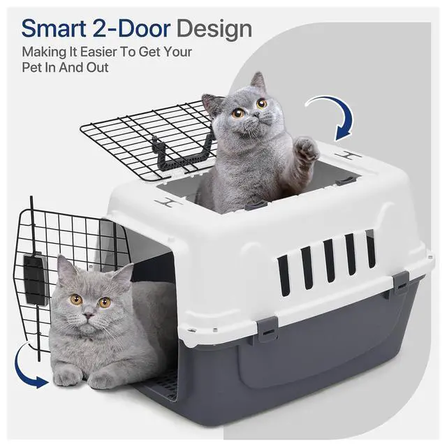 Alt view image 4 of 7 - 22 Inch Hard-Sided Plastic Dog Carrier 2 Door Travel Crate for Small Dogs Cats up to 22 lbs, Durable Handle, Security Lock Design, Gray