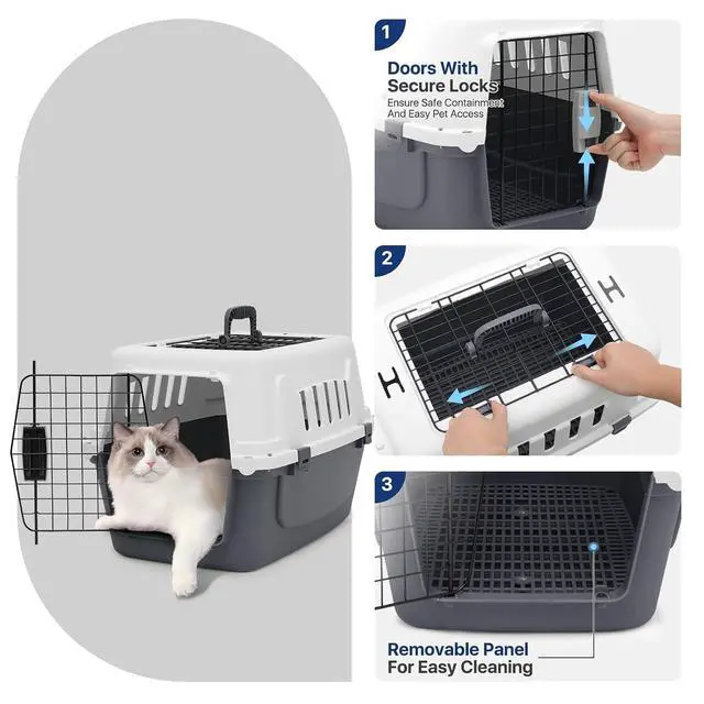 Alt view image 6 of 7 - 22 Inch Hard-Sided Plastic Dog Carrier 2 Door Travel Crate for Small Dogs Cats up to 22 lbs, Durable Handle, Security Lock Design, Gray