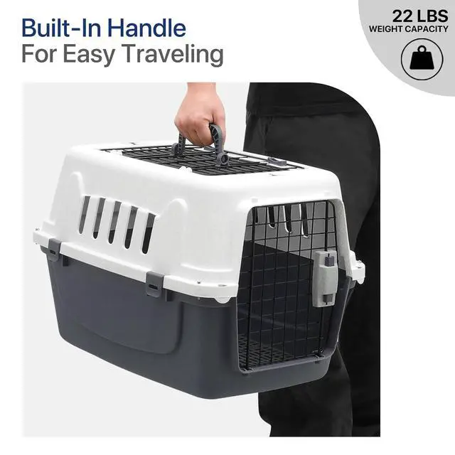 Alt view image 7 of 7 - 22 Inch Hard-Sided Plastic Dog Carrier 2 Door Travel Crate for Small Dogs Cats up to 22 lbs, Durable Handle, Security Lock Design, Gray