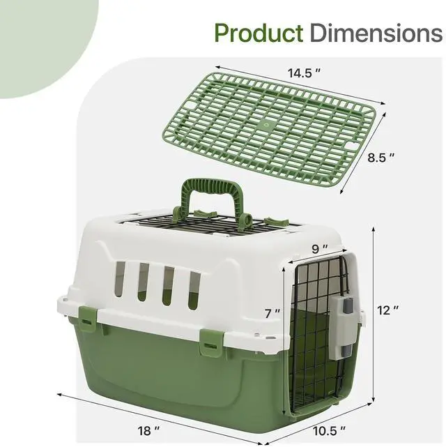 Alt view image 2 of 7 - 18 Inch Hard-Sided Plastic Dog Carrier 2 Door Travel Crate for Small Dogs Cats up to 10 lbs, Durable Handle, Security Lock Design, Green