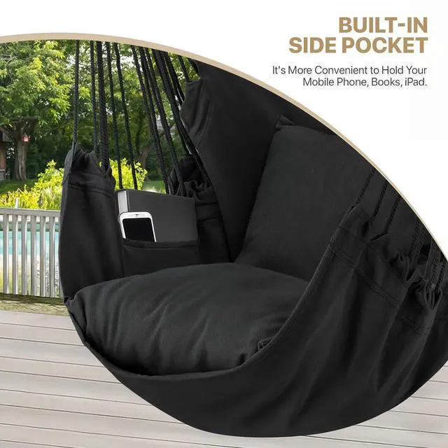 Alt view image 7 of 7 - Hammock Chair Hanging Rope Swing w/2 Cushions, Boho Macrame Hanging Chair Max 350 lbs Capacity w Pocket, Hardware Kit Included, Black