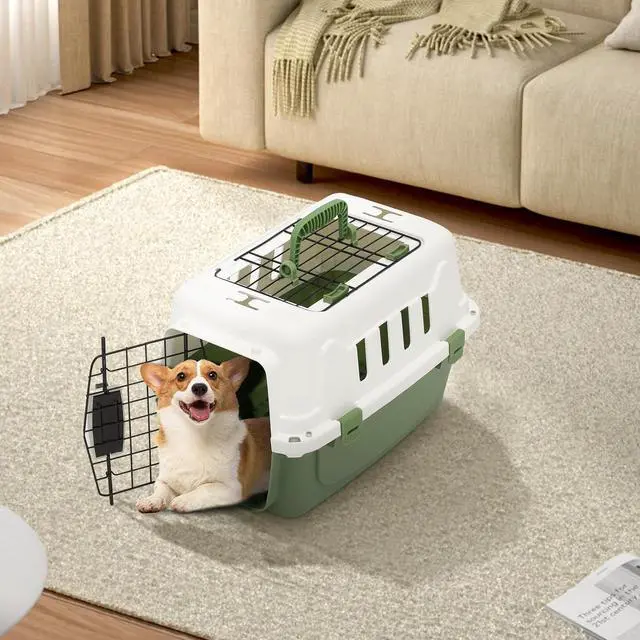 Alt view image 3 of 7 - 18 Inch Hard-Sided Plastic Dog Carrier 2 Door Travel Crate for Small Dogs Cats up to 10 lbs, Durable Handle, Security Lock Design, Green
