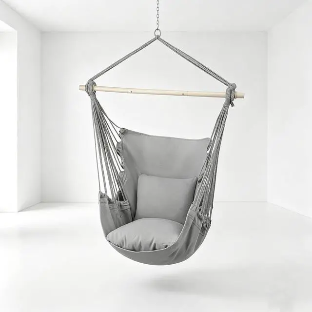 Main image of Hammock Chair Hanging Rope Swing w/2 Cushions, Boho Macrame Hanging Chair Max 350 lbs Capacity w Pocket, Hardware Kit Included, Gray