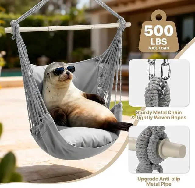 Alt view image 3 of 7 - Hammock Chair Hanging Rope Swing w/2 Cushions, Boho Macrame Hanging Chair Max 350 lbs Capacity w Pocket, Hardware Kit Included, Gray