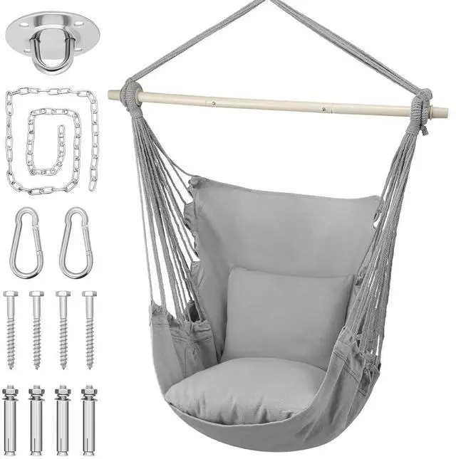 Alt view image 7 of 7 - Hammock Chair Hanging Rope Swing w/2 Cushions, Boho Macrame Hanging Chair Max 350 lbs Capacity w Pocket, Hardware Kit Included, Gray