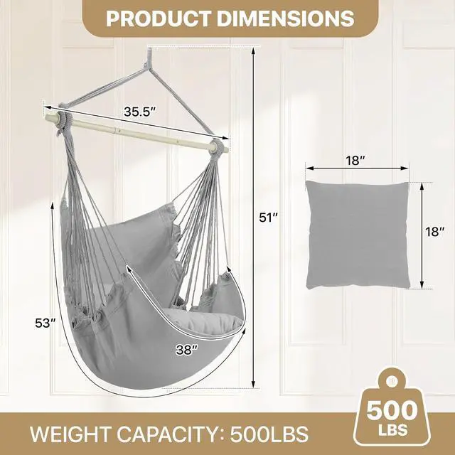 Alt view image 2 of 7 - Hammock Chair Hanging Rope Swing w/2 Cushions, Boho Macrame Hanging Chair Max 350 lbs Capacity w Pocket, Hardware Kit Included, Gray