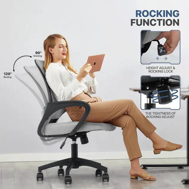 Alt view image 6 of 7 - Mesh Office Chair, Ergonomic Computer Chair for Adults, Rolling Swivel Mid-Back Desk Chair with Lumbar Support, Comfy Armrest for Home Office, Gaming, Light Gray