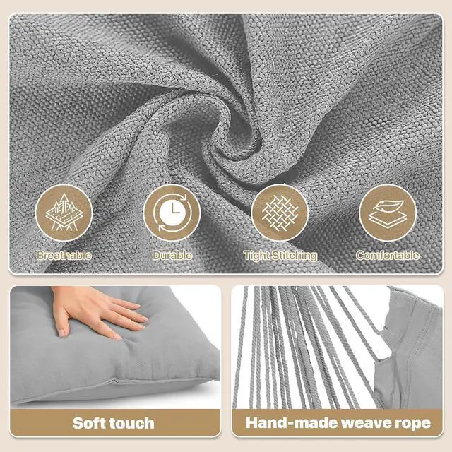 Alt view image 4 of 7 - Hammock Chair Hanging Rope Swing w/2 Cushions, Boho Macrame Hanging Chair Max 350 lbs Capacity w Pocket, Hardware Kit Included, Gray