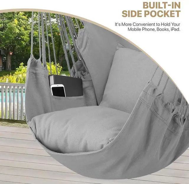 Alt view image 5 of 7 - Hammock Chair Hanging Rope Swing w/2 Cushions, Boho Macrame Hanging Chair Max 350 lbs Capacity w Pocket, Hardware Kit Included, Gray