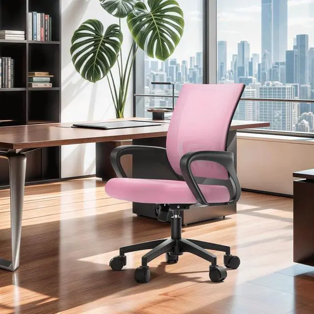 Alt view image 2 of 7 - Mesh Office Chair, Ergonomic Computer Chair for Adults, Rolling Swivel Mid-Back Desk Chair with Lumbar Support, Comfy Armrest for Home Office, Gaming, Pink