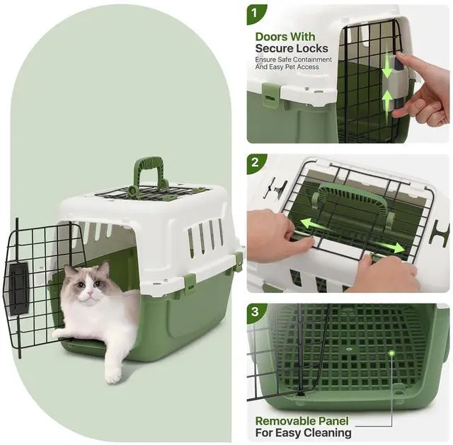 Alt view image 6 of 7 - 18 Inch Hard-Sided Plastic Dog Carrier 2 Door Travel Crate for Small Dogs Cats up to 10 lbs, Durable Handle, Security Lock Design, Green