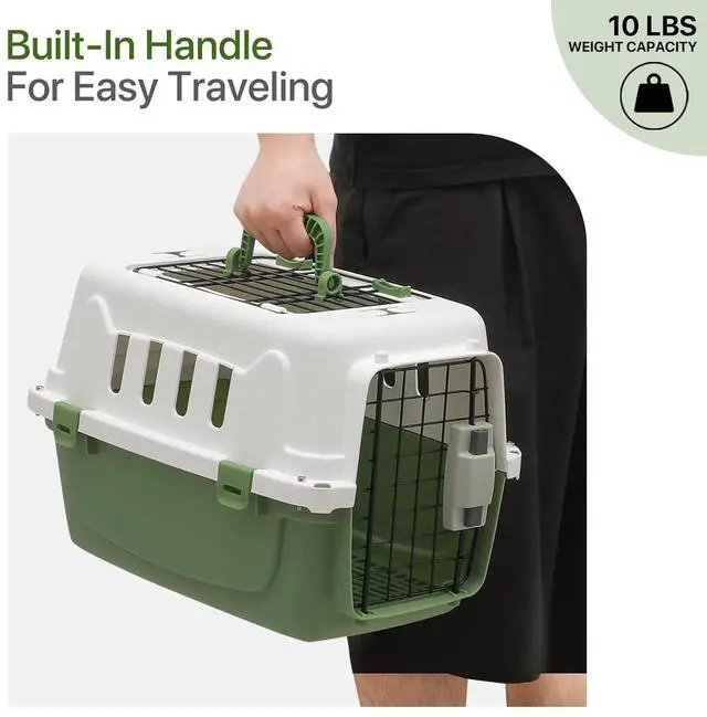 Alt view image 7 of 7 - 18 Inch Hard-Sided Plastic Dog Carrier 2 Door Travel Crate for Small Dogs Cats up to 10 lbs, Durable Handle, Security Lock Design, Green