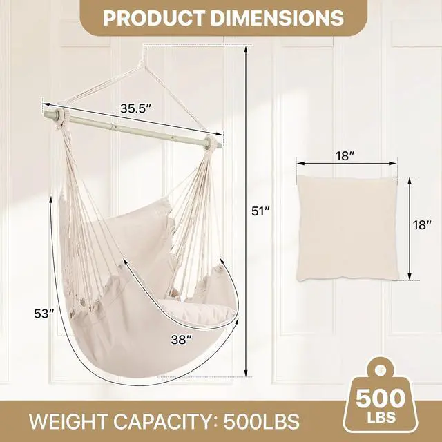 Alt view image 2 of 7 - Hammock Chair Hanging Rope Swing w/2 Cushions, Boho Macrame Hanging Chair Max 350 lbs Capacity w/Side Pocket for Adults Indoor/Outdoor, Living Room Bedroom Comfy Reading Swinging Chair