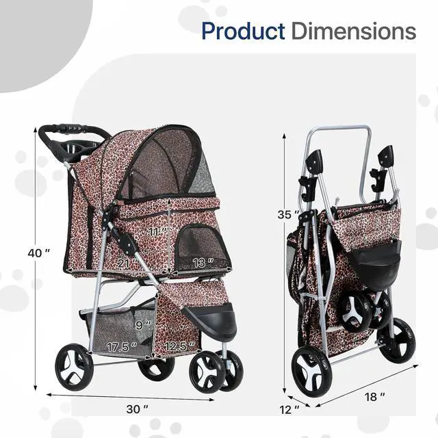 Alt view image 2 of 7 - Dog Stroller for Dogs and Cats, Foldable Pet Jogger Stroller with Cup Holders, Cat Stroller w/Bottom Storage for Pets up to 33 lbs, Leopard Print