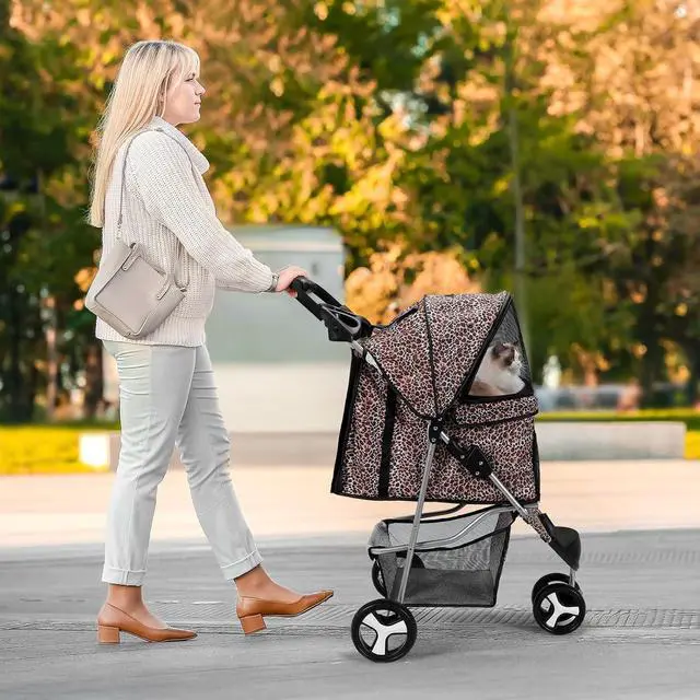 Alt view image 3 of 7 - Dog Stroller for Dogs and Cats, Foldable Pet Jogger Stroller with Cup Holders, Cat Stroller w/Bottom Storage for Pets up to 33 lbs, Leopard Print