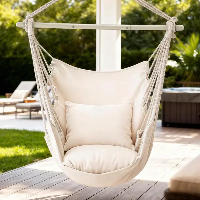 Alt view image 3 of 7 - Hammock Chair Hanging Rope Swing w/2 Cushions, Boho Macrame Hanging Chair Max 350 lbs Capacity w/Side Pocket for Adults Indoor/Outdoor, Living Room Bedroom Comfy Reading Swinging Chair