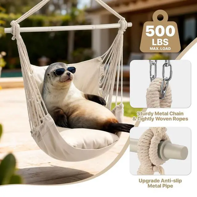 Alt view image 4 of 7 - Hammock Chair Hanging Rope Swing w/2 Cushions, Boho Macrame Hanging Chair Max 350 lbs Capacity w/Side Pocket for Adults Indoor/Outdoor, Living Room Bedroom Comfy Reading Swinging Chair