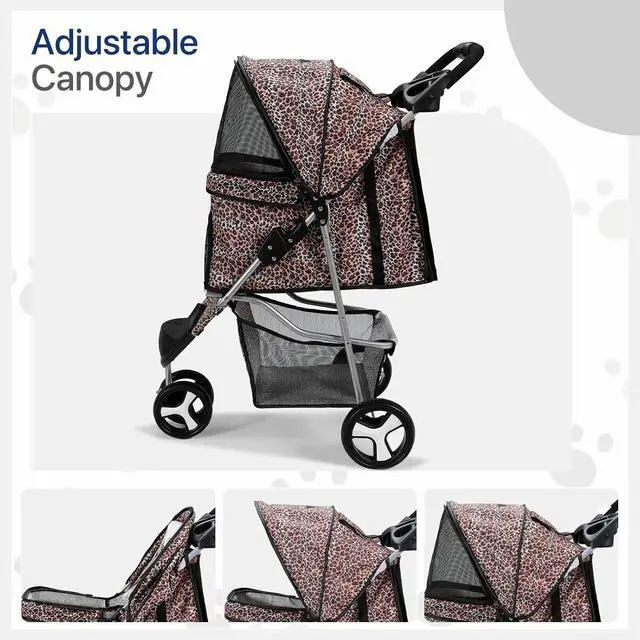 Alt view image 4 of 7 - Dog Stroller for Dogs and Cats, Foldable Pet Jogger Stroller with Cup Holders, Cat Stroller w/Bottom Storage for Pets up to 33 lbs, Leopard Print