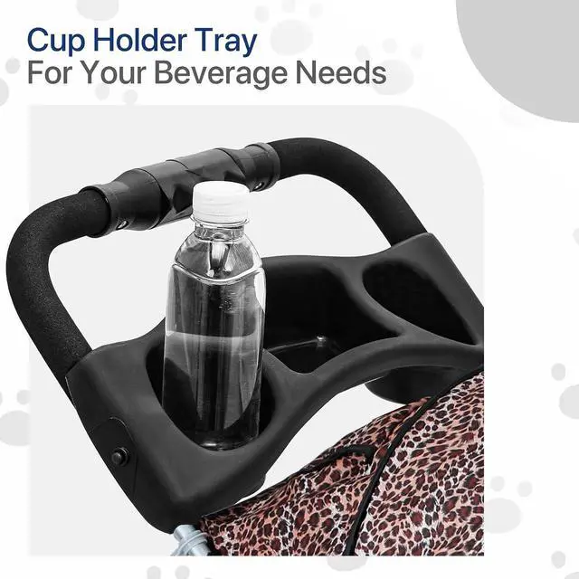 Alt view image 7 of 7 - Dog Stroller for Dogs and Cats, Foldable Pet Jogger Stroller with Cup Holders, Cat Stroller w/Bottom Storage for Pets up to 33 lbs, Leopard Print