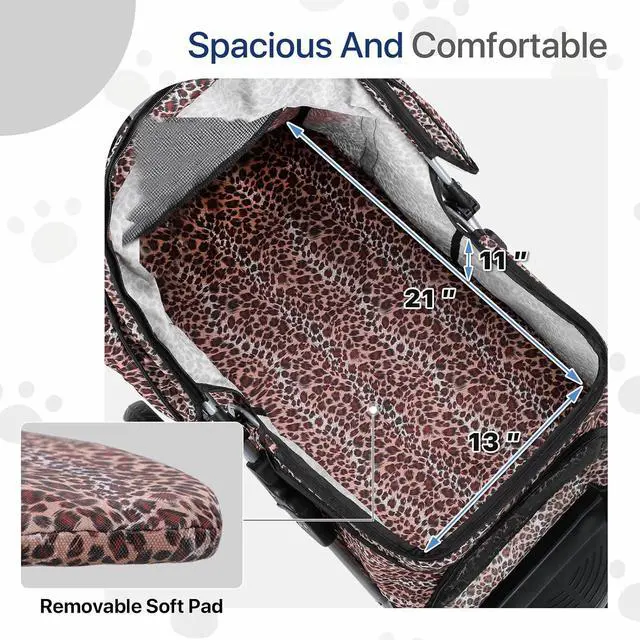 Alt view image 6 of 7 - Dog Stroller for Dogs and Cats, Foldable Pet Jogger Stroller with Cup Holders, Cat Stroller w/Bottom Storage for Pets up to 33 lbs, Leopard Print
