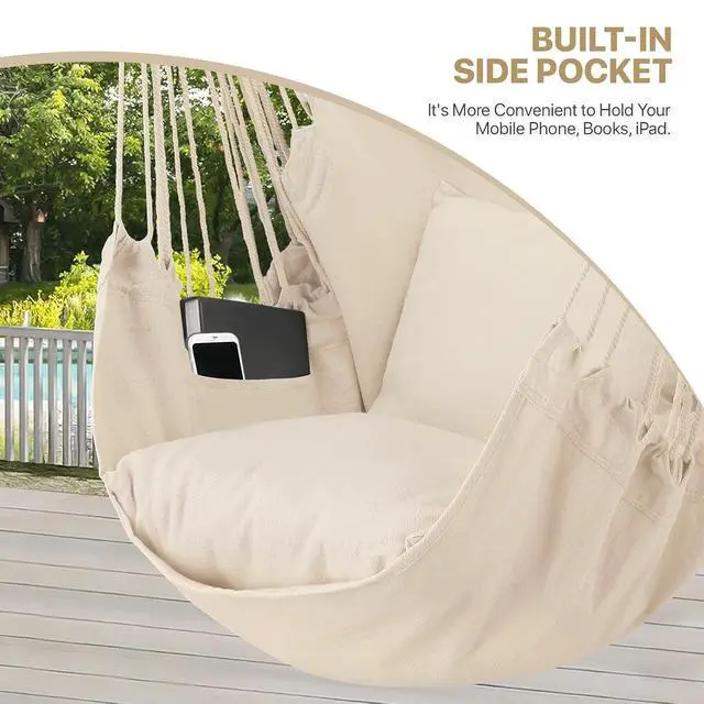 Alt view image 7 of 7 - Hammock Chair Hanging Rope Swing w/2 Cushions, Boho Macrame Hanging Chair Max 350 lbs Capacity w/Side Pocket for Adults Indoor/Outdoor, Living Room Bedroom Comfy Reading Swinging Chair