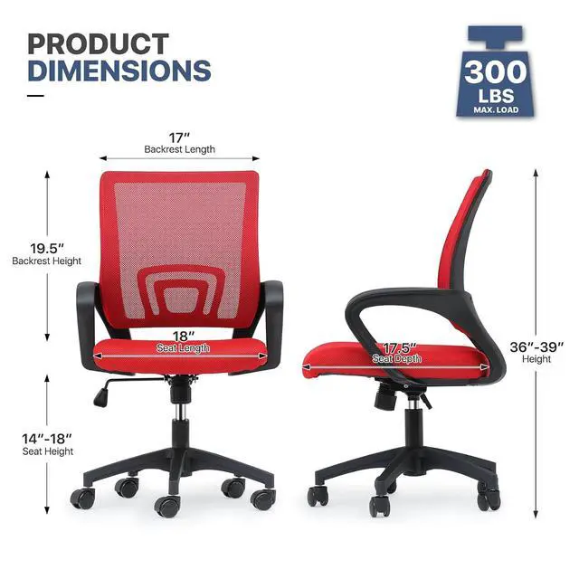 Alt view image 3 of 7 - Mesh Office Chair Set of 2, Ergonomic Computer Chair for Adults, Rolling Swivel Mid-Back Desk Chair with Lumbar Support, Comfy Armrest for Home Office, Gaming, Red